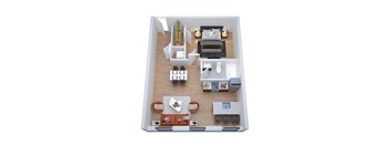 A top-down view of a small apartment with a bedroom, living room, and kitchen.