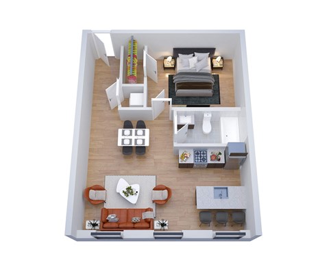 A top-down view of a small apartment with a bedroom, living room, and kitchen.