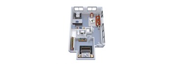 A top-down view of a small apartment with a kitchen, living room, and bathroom.