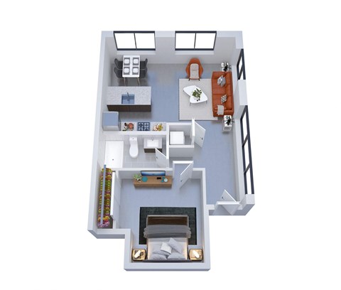 A top-down view of a small apartment with a kitchen, living room, and bathroom.