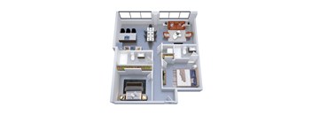 A 3D floor plan of a house with a living room, kitchen, and bathroom.