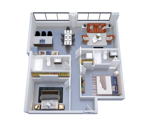 A 3D floor plan of a house with a living room, kitchen, and bathroom.