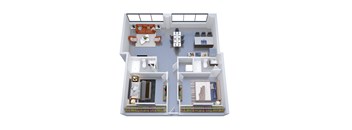 A top-down view of a two-bedroom apartment with a living room, kitchen, and bathroom.
