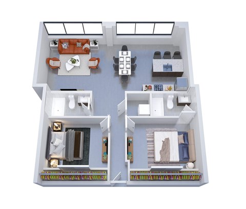 A top-down view of a two-bedroom apartment with a living room, kitchen, and bathroom.