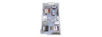 A top-down view of a dollhouse interior with furniture and decor.