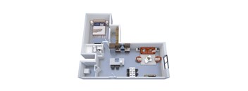 A 3D floor plan of a small apartment with a bedroom, living room, and kitchen.