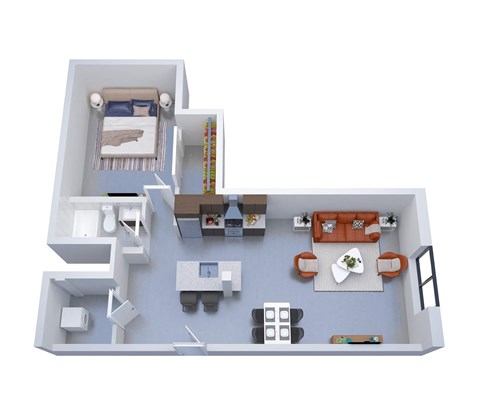 A 3D floor plan of a small apartment with a bedroom, living room, and kitchen.