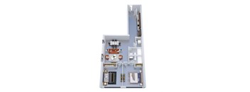 A 3D floor plan of a house with a kitchen, living room, and bathroom.