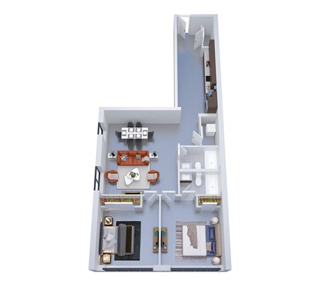 A 3D floor plan of a house with a kitchen, living room, and bathroom.