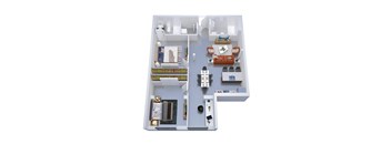 A 3D floor plan of a house with a kitchen, living room, and two bedrooms.
