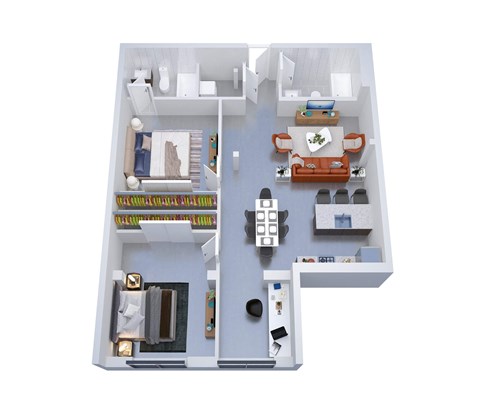 A 3D floor plan of a house with a kitchen, living room, and two bedrooms.