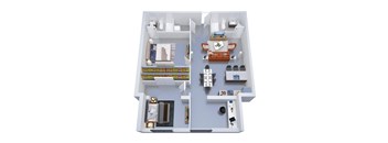 A 3D floor plan of a house with a living room, kitchen, and bathroom.
