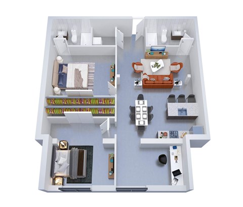 A 3D floor plan of a house with a living room, kitchen, and bathroom.