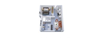 A 3D floor plan of a small apartment with a kitchen, living room, and bedroom.