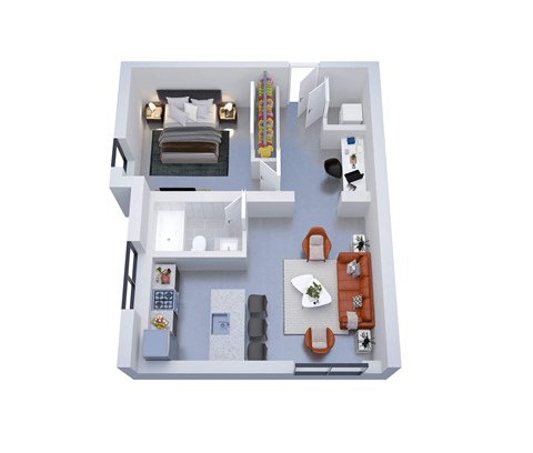 A 3D floor plan of a small apartment with a kitchen, living room, and bedroom.