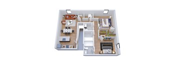 A top-down view of a modern apartment layout with a kitchen, living room, dining area, and bedrooms.