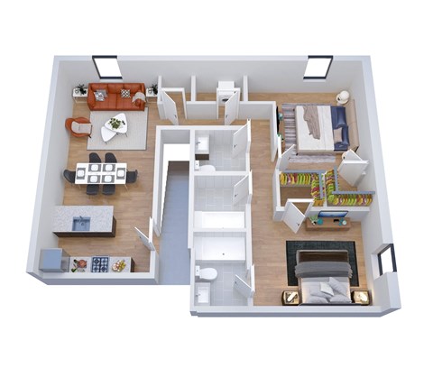 A top-down view of a modern apartment layout with a kitchen, living room, dining area, and bedrooms.