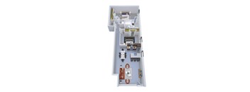 A white model of a house with a kitchen and living room.