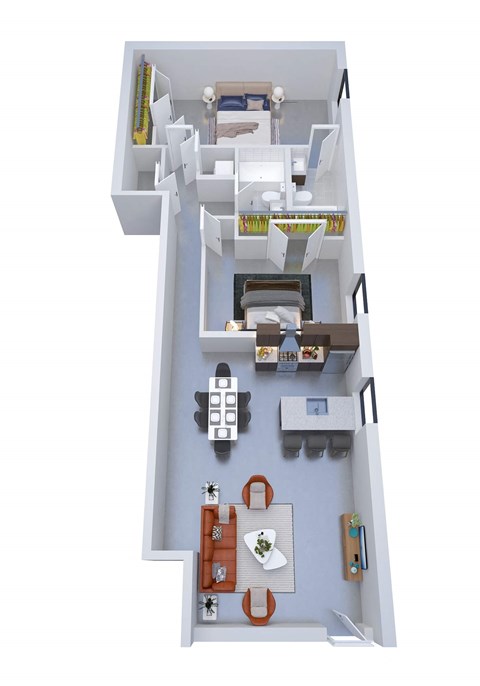 A white model of a house with a kitchen and living room.