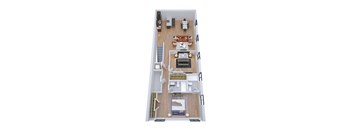 A top down view of a small apartment with a kitchen, living room, and bedroom.