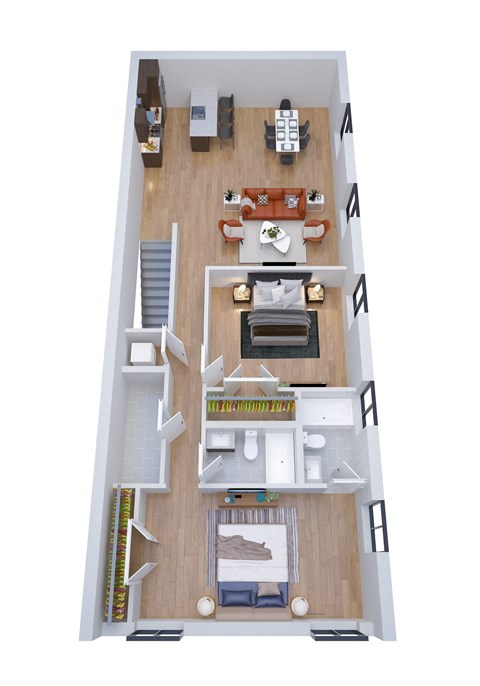A top down view of a small apartment with a kitchen, living room, and bedroom.