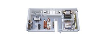A top down view of a small apartment with a kitchen, living room, and bedroom.
