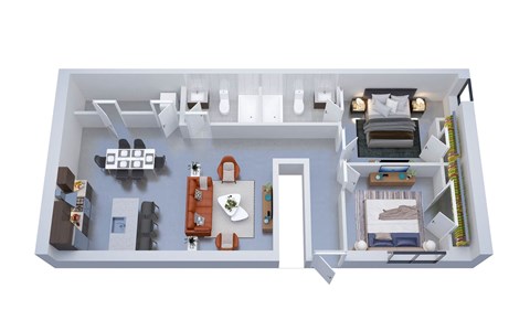 A top down view of a small apartment with a kitchen, living room, and bedroom.
