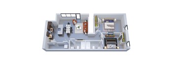 A 3D floor plan of a small apartment with a kitchen, living room, and bedroom.