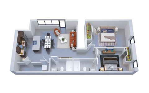 A 3D floor plan of a small apartment with a kitchen, living room, and bedroom.