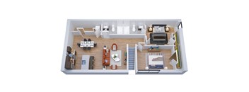 A top down view of a living room, kitchen, and dining area.