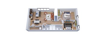 A top-down view of a small apartment with a living room, kitchen, and bedroom.