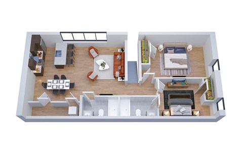 A top-down view of a small apartment with a living room, kitchen, and bedroom.