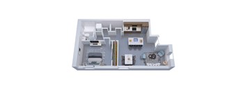 A 3D rendered image of a modern apartment layout.
