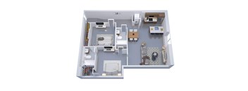 A 3D floor plan of a small apartment with a kitchen, living room, and bedroom.