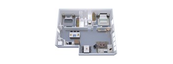 A top-down view of a small apartment with a kitchen, living room, and bedroom.