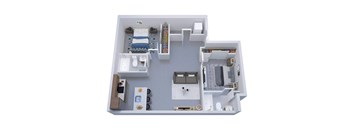 A 3D floor plan of a small apartment with a kitchen, living room, and bathroom.