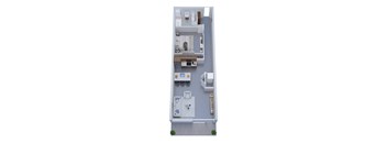 A top-down view of a small apartment with a kitchen, living room, and bathroom.