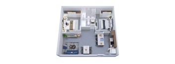 A top-down view of a small apartment with a kitchen, living room, and bathroom.