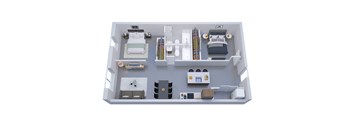 A 3D floor plan of a small apartment with a bedroom, living room, kitchen, and bathroom.