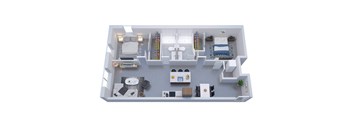 A 3D rendered image of a modern, minimalist bedroom with a bed, desk, and chair.