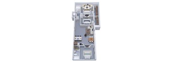 A 3D floor plan of a house with a kitchen, living room, and two bedrooms.