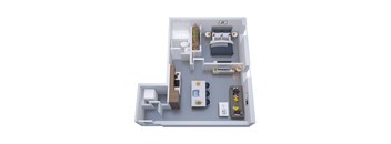A top-down view of a small apartment layout with a bed, a desk, a kitchenette, and a bathroom.