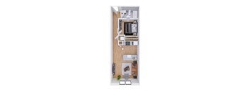 A top-down view of a small apartment with a kitchen, living room, and bathroom.