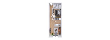 A top-down view of a small apartment with a kitchen, living room, and bathroom.