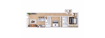 A top-down view of a small apartment with a kitchen, living room, and bedroom.
