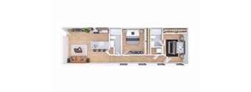 A floor plan of a house with a kitchen, living room, and bathroom.