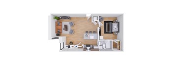 A top-down view of a modern, minimalist living space with a kitchen area.