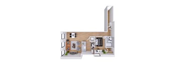 A drawing of a small apartment with a kitchen, living room, and bathroom.