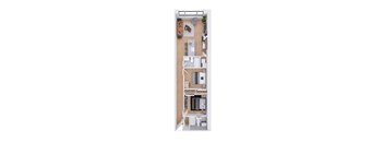 A floor plan of a small apartment with a kitchen, living room, and bedroom.