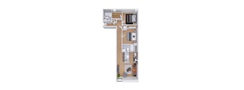 A top down view of a house layout with a kitchen, living room, and bedrooms.